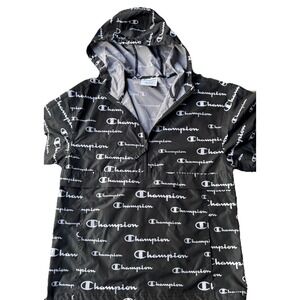 Champion Windbreaker Jacket - All-Over Logo Print - Black/White - Size Small‎